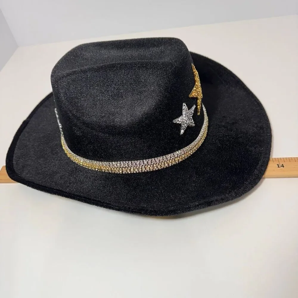 Cowgirl Hat Rhinestone-Embellished Stars Black Cowboy Hat Gold Silver | Women - Picture 8 of 14